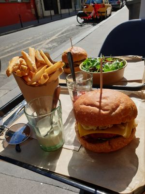 BBQ burger with fries and Mayo truffle with salad.  at Eat Like Panda in Paris