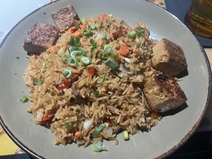 Vegetable fried rice with NO EGGS but with Tofu  at Kapow Noodle Bar in Boca Raton