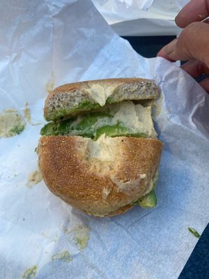 Wheat bagel with hummus and avocado 🥑   at Cumaica Coffee in San Francisco