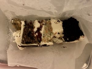 About 1/3 of the slice of everything cake  at Zalie Cakes in Hollywood