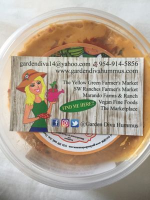 Cherry pepper hummus and card at Garden Diva Hummus in Hollywood