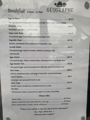 Breakfast menu  at Geographe in Coles Bay