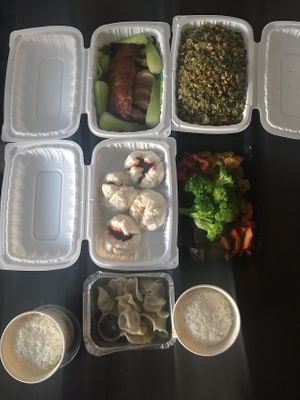 L to R, top to bottom: crispy seitan with plum sauce, Xiang chuen pine nut fried rice, BBQ buns, seitan platter, steamed rice, steamed dumplings  at Zen Gardens in Mississauga