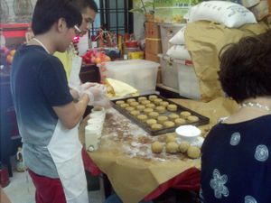 Staff preparing moon cakes at Zen Fut Sai Kai Vegetarian in Central Singapore