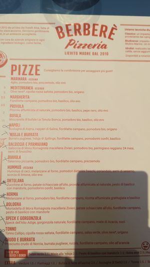 Menu at Berberè in Bologna