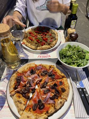 Margherita and Babaganoush senza yogurt - and house wine.  at Berberè in Florence