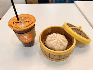 Set meal with Vegetarian BBQ Pau + iced oat milk coffeee  at BMS Organics - Southkey in Johor Bahru
