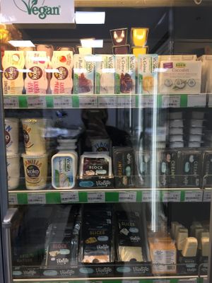 Fridge section for vegan items at Agraria Koper in Portoroz