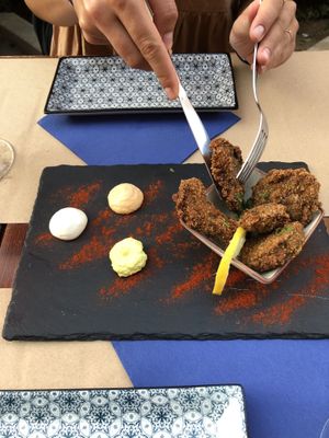Fried Mushrooms with different mayos at Cavo Bistrot in Cagliari