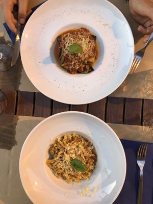 Pasta Sardinian Ragout Style and eggplant parmigiana  at Cavo Bistrot in Cagliari