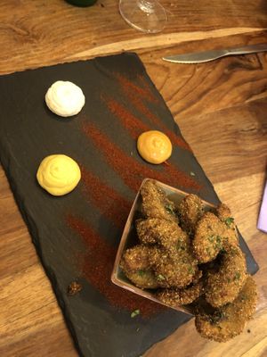 Fried mushrooms with different mayo dips  (15€)  at Cavo Bistrot in Cagliari