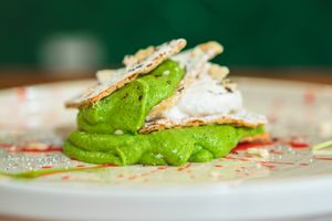 Principessa sul pisello, dessert - millefoglie pastry, "novelli" peas and almond chantilly, strawberry and mint at Cavo Bistrot in Cagliari