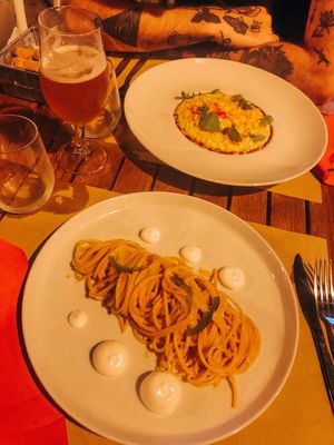 Saffron risotto and Jalapeño Spaghetti  at Cavo Bistrot in Cagliari