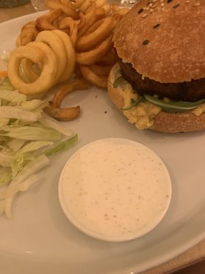Beyond burger with spiralized fries and homemade ranch at Cavo Bistrot in Cagliari