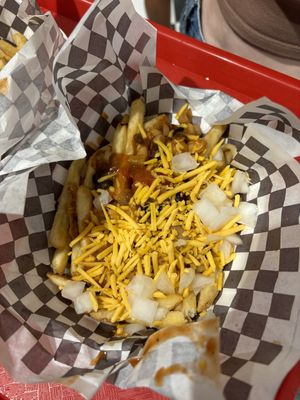 vegan chili cheese fries  at Universal Studios - Mel's Drive-In in Orlando