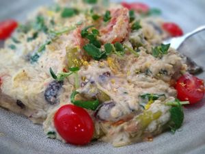 Seasonal Spring Spaghetti Squash Alfredo, tossed with spinach, spring veggies, garlic-thyme roasted mushrooms, a cashew-almond Alfredo sauce & shaved almond "Parmesan". YUM! at Dirt in Arlington