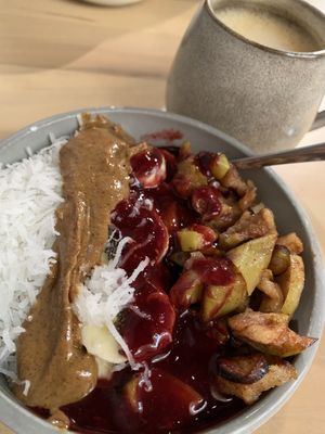 Apple oatmeal with berry coulis  at Dirt in Arlington