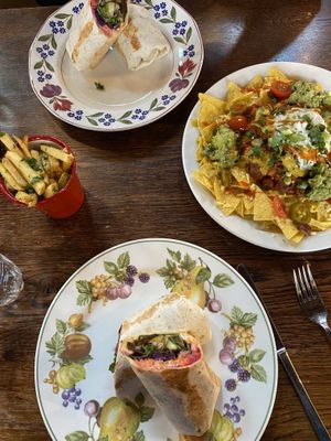 Seitan wraps, chilli nachos and garlic & parsley fries at Cosmic Kitchen in Plymouth