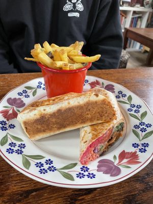 Seitan kebap wrap and garlic oil fries at Cosmic Kitchen in Plymouth