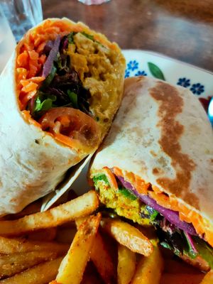Caribbean curry wrap
and paprika fries at Cosmic Kitchen in Plymouth