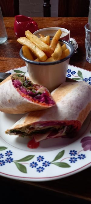 Seitan and vegetable/ salad wrap with garlic and parsley fries. at Cosmic Kitchen in Plymouth