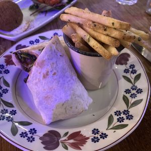 Seitan kebab and garlic and parsley fries   at Cosmic Kitchen in Plymouth