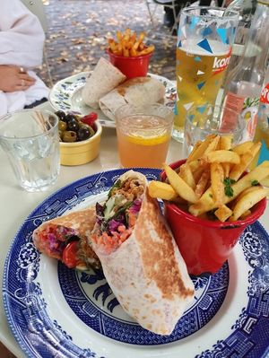 Jackfruit gyros + garlic and parsley fries at Cosmic Kitchen in Plymouth