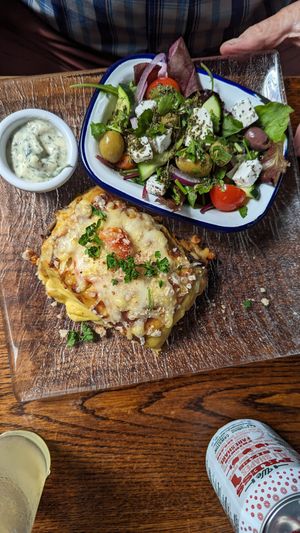 Moussaka and salad at Cosmic Kitchen in Plymouth
