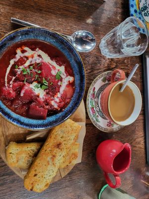 Soup of the day with bread and coffee. at Cosmic Kitchen in Plymouth