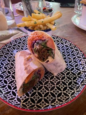 Shawarma wrap with garlic and parsley friesd  at Cosmic Kitchen in Plymouth