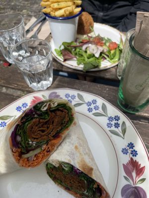 Shawarma warp, & scotch egg with fries (in the back)  at Cosmic Kitchen in Plymouth