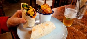 Yummy wraps with potato wedges at Cosmic Kitchen in Plymouth