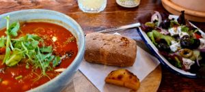 Butterbean stew, gluten free bread and side salad. Oh and a potato pinched from Paul's plate at Cosmic Kitchen in Plymouth