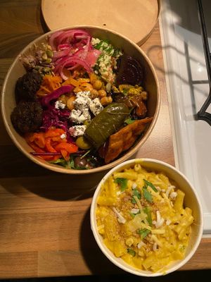 Greek bowl and mac n cheese takeaway  at Cosmic Kitchen in Plymouth