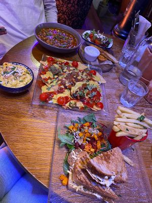Fasolia bean stew, mac n cheese, nachos, Reuben toastie and garlic n parsley fries  at Cosmic Kitchen in Plymouth