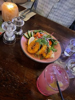 Calamari and Shirley temple mocktail at Cosmic Kitchen in Plymouth