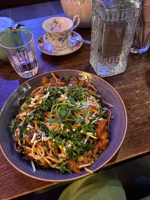 Lentil and mushroom bolognese at Cosmic Kitchen in Plymouth