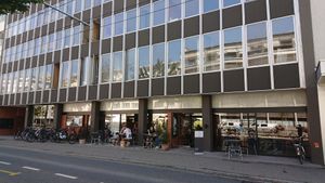 Farel bistro is in a large office building and can be easily overlooked, as there is no sign on the building, just a discreet mobile sign standing at the entrance. at Farel Bistro in Biel