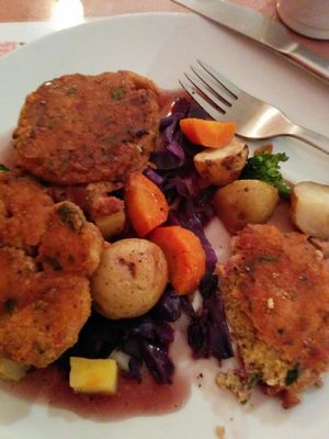 parnsip-mustard fritters meal at Ginger Vegetarian Cafe in Halifax