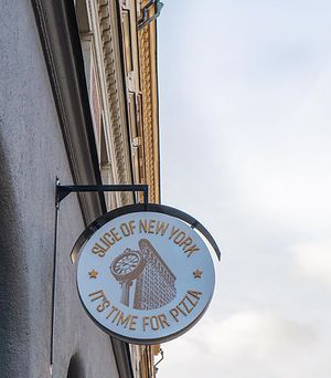 Slice Of New York sign on Tegnérgatan 7, Stockholm. at Slice of New York in Stockholm