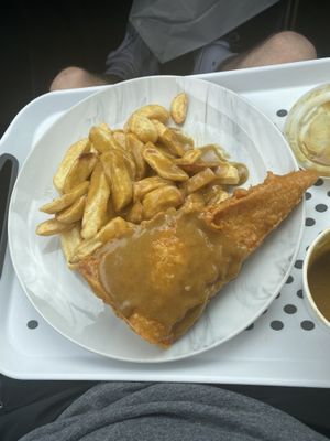 Tofish and chips with curry  at JJ's Vish & Chips in Leeds