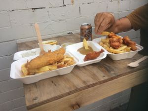 Vish n chips w tartare sauce and curry sauce and my partner had deep fried Haloumi and chips yum yum at JJ's Vish & Chips in Leeds