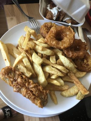 Onion rings, chips and sosage at JJ's Vish & Chips in Leeds
