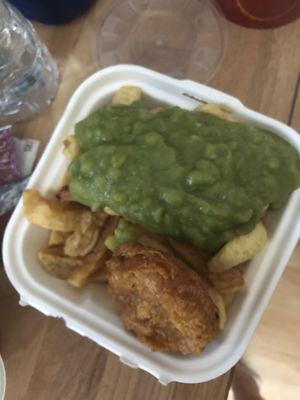 Mushy peas, chips and one onion ring stolen for the husbands plate  at JJ's Vish & Chips in Leeds