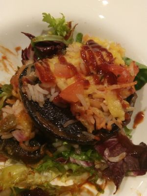 Baked mushrooms with vegan cheese at The Crown Inn in Biggar