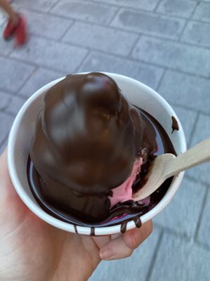 Raspberry sorbet with dark chocolate  at Chocolats Favoris in Montreal