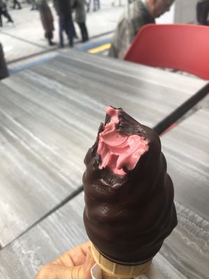 Raspberry dipped in dark chocolate  at Chocolats Favoris in Montreal