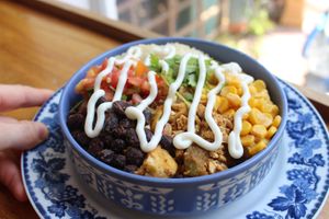 Vegan sofrita bowl at Ministry of Cat in Phnom Penh
