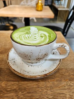 Matcha latte with oatmilk at Roots Helsinki in Helsinki