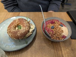 Bagel and porridge at Roots Helsinki in Helsinki